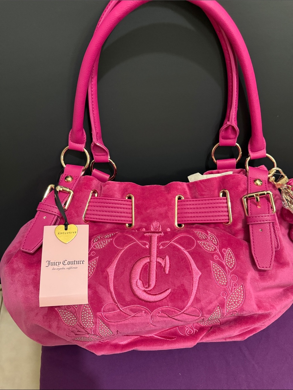 Juicy Couture Vibrant Pink Velvet Shoulder Bag with Gold Hardware
